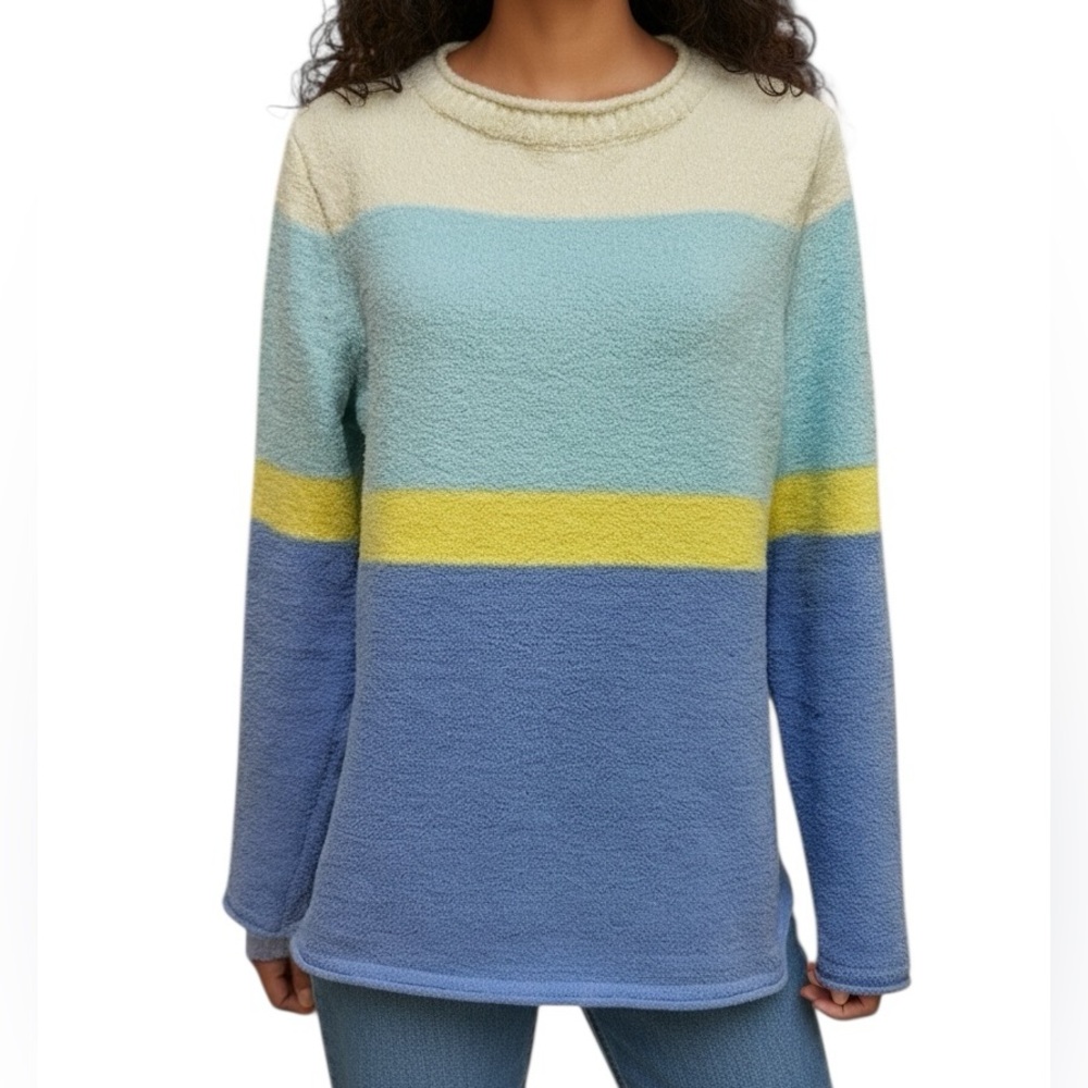 Talbots Sweater Colorblock Crew Neck Cream Blue Yellow Beach Size Large